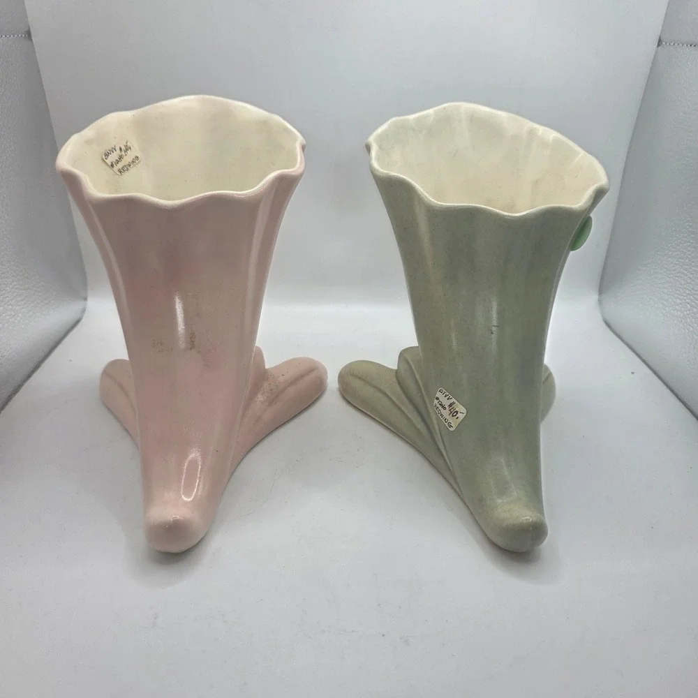 Red Wing Pottery USA 1240 Cornucopia Vase Pair Pink Green MCM Art Pottery